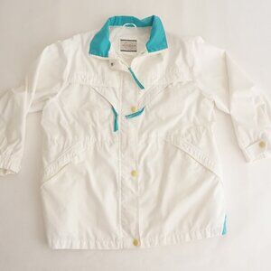 Vintage Sequence White w Teal Trim Cotton Zip Up Nylon Lined Utility Jacket XL